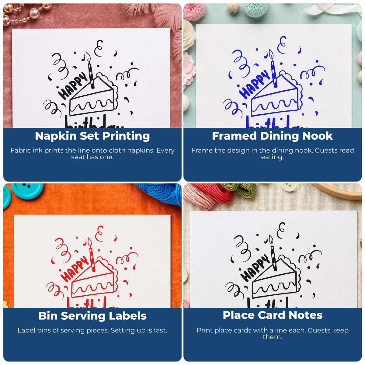 Four ways to use the Birthday Cake Slice Candle Pre-Inked Stamp – PSI: napkin set printing, framed dining nook, bin serving labels and place card notes.