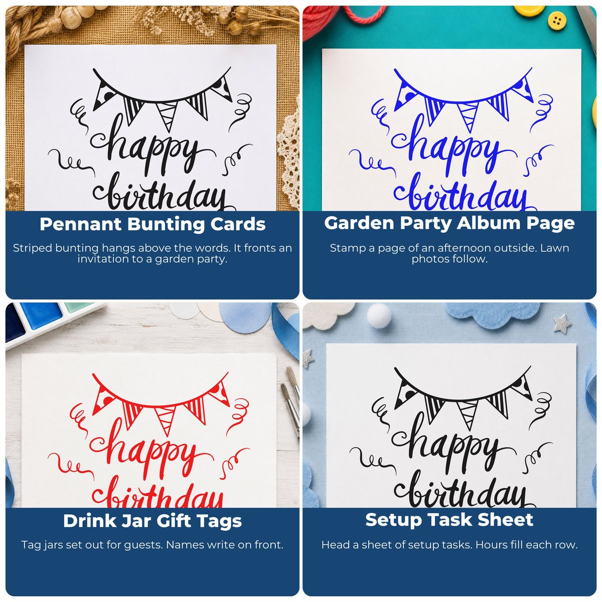 Four ways to use the Birthday Bunting Streamer Script Self-Inking Stamp: pennant bunting cards, garden party album page, drink jar gift tags and setup task sheet.