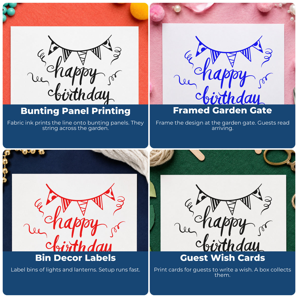 Four ways to use the Birthday Bunting Streamer Script Wood-Mounted Rubber Stamp: bunting panel printing, framed garden gate, bin decor labels and guest wish cards.