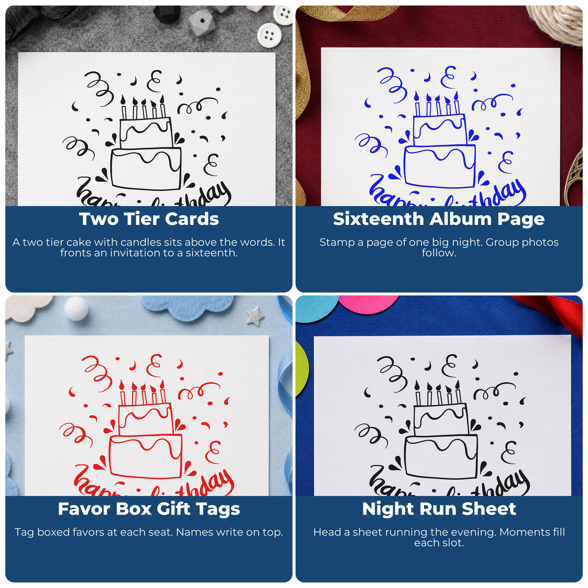 Four ways to use the Birthday Tiered Candle Cake Stamp – Self-Inking: two tier cards, sixteenth album page, favor box gift tags and night run sheet.