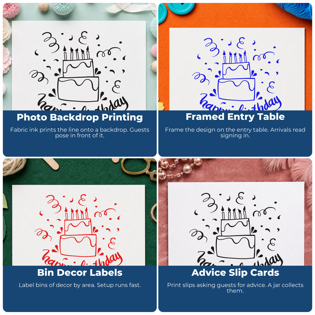 Four ways to use the Birthday Tiered Candle Cake PSI Pre-Inked Stamp: photo backdrop printing, framed entry table, bin decor labels and advice slip cards.
