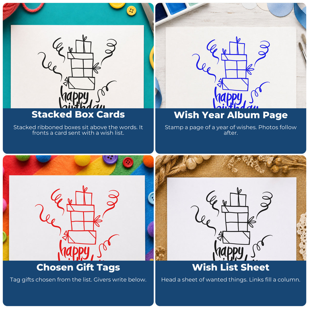 Four ways to use the Vintage Pro Ribboned Birthday Present Stack Premium Wooden Stamp: stacked box cards, wish year album page, chosen gift tags and wish list sheet.