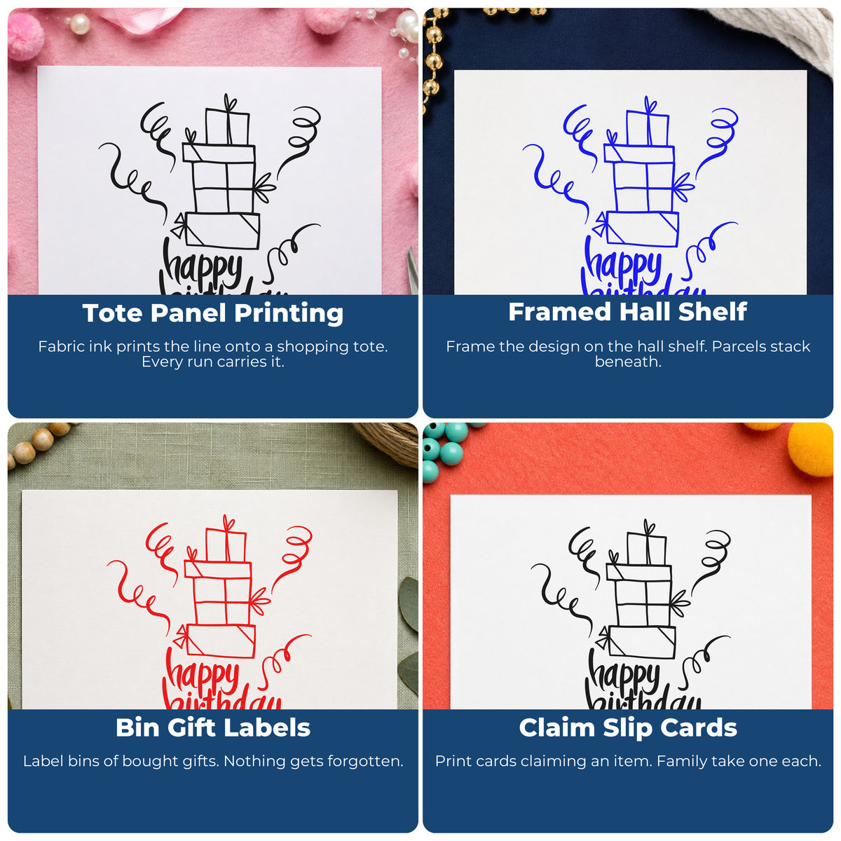 Four ways to use the Ribboned Birthday Present Stack Self-Inking Stamp: tote panel printing, framed hall shelf, bin gift labels and claim slip cards.