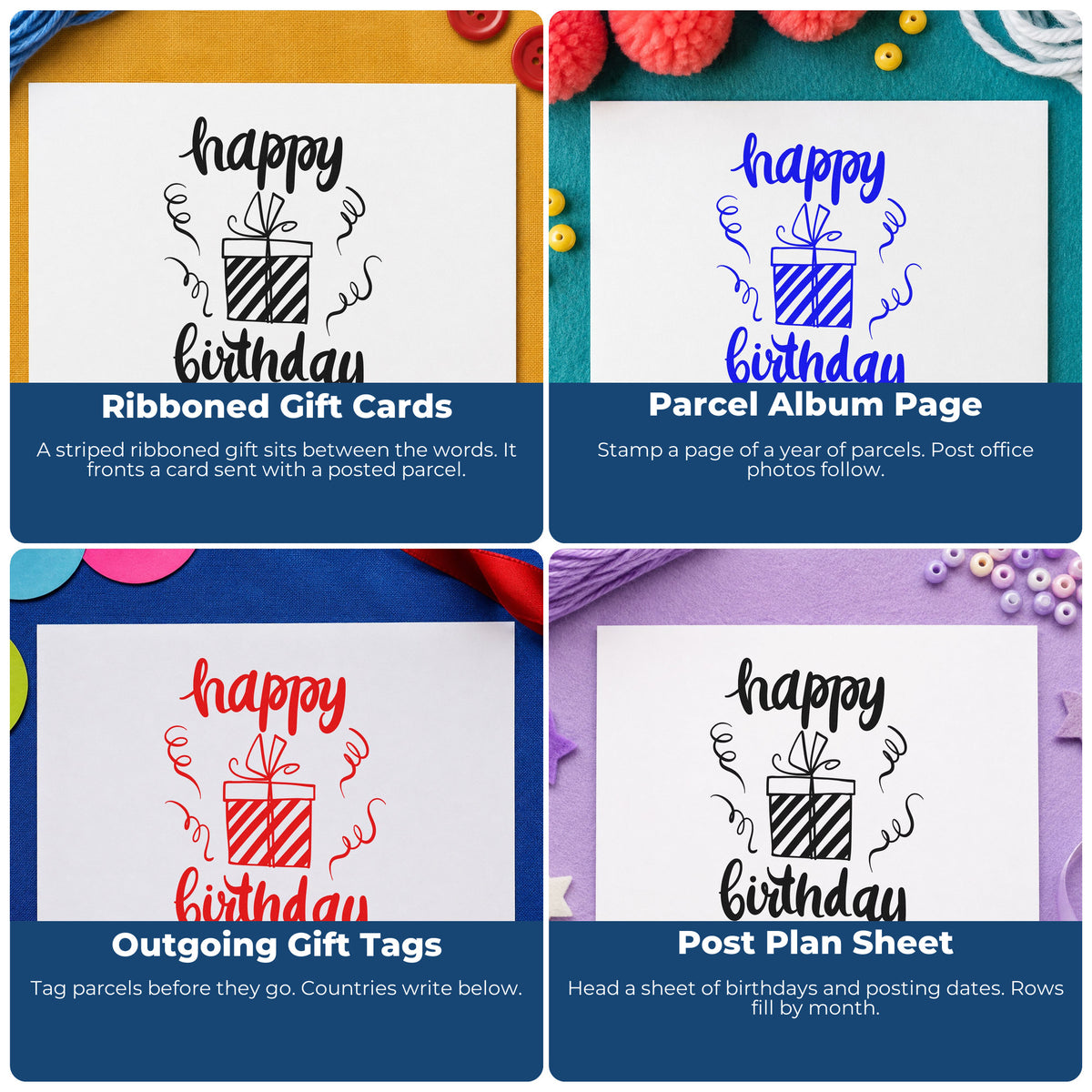 Four ways to use the Happy Birthday Ribboned Gift Box PSI Pre-Inked Stamp: ribboned gift cards, parcel album page, outgoing gift tags and post plan sheet.