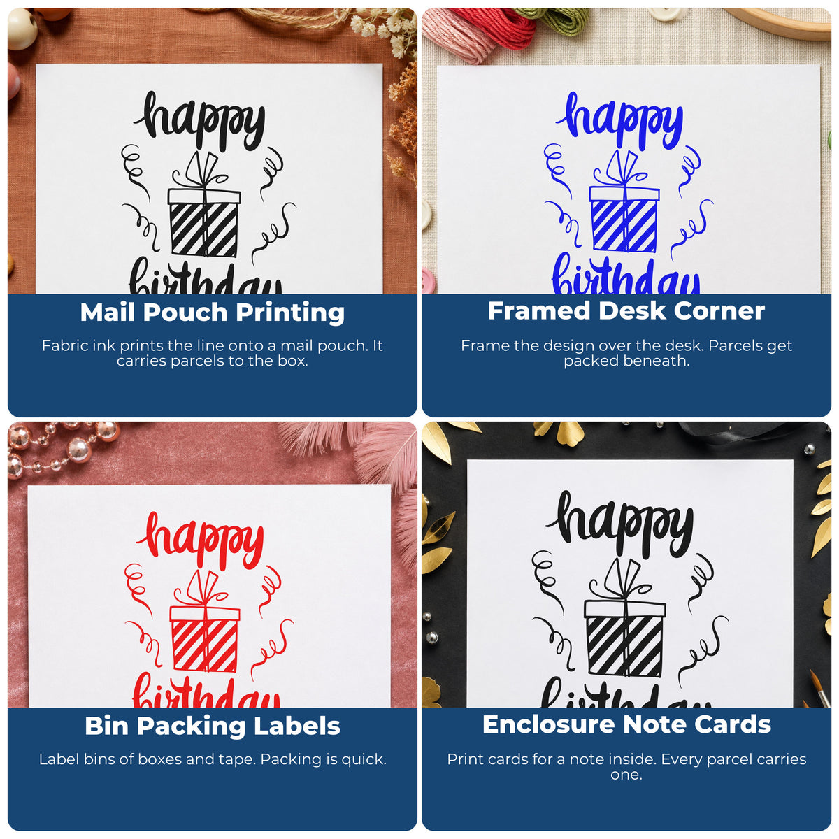 Four ways to use the Happy Birthday Ribboned Gift Box Hand Stamp – Duo: mail pouch printing, framed desk corner, bin packing labels and enclosure note cards.