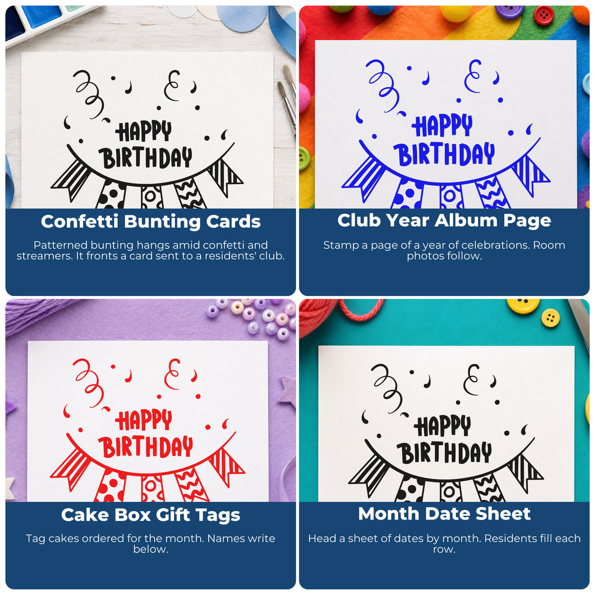 Four ways to use the Birthday Patterned Pennant Bunting Confetti Pre-Inked Stamp – Slim: confetti bunting cards, club year album page, cake box gift tags and month date sheet.