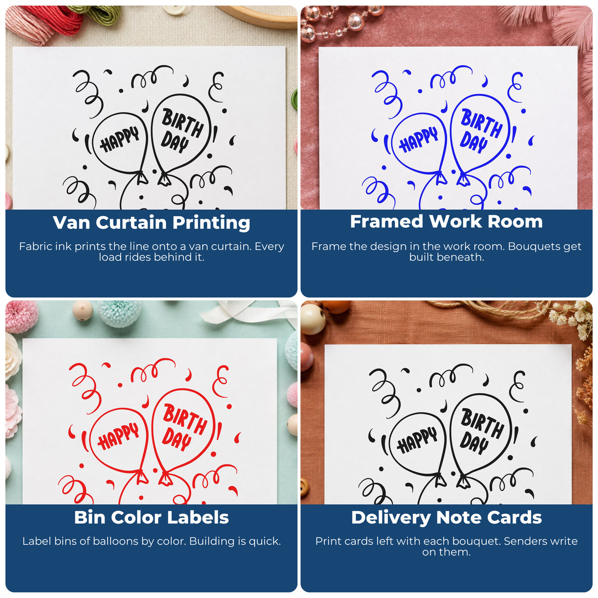 Four ways to use the Happy Birthday Balloon Pair Rubber Stamp – Duo Hand: van curtain printing, framed work room, bin color labels and delivery note cards.