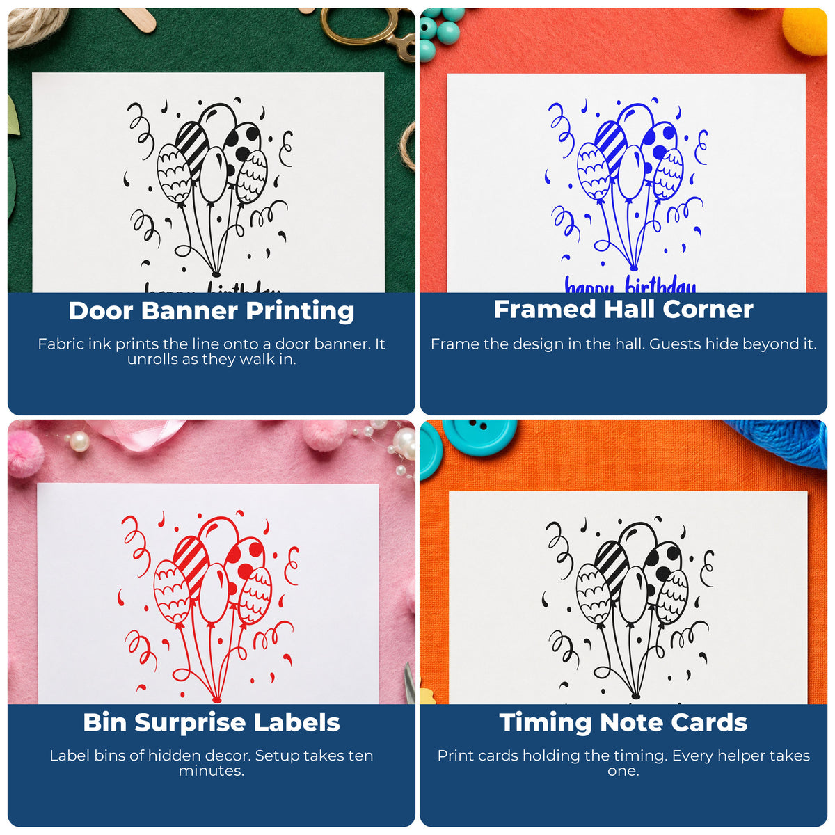 Four ways to use the Birthday Patterned Balloon Bouquet Duo Hand Stamp: door banner printing, framed hall corner, bin surprise labels and timing note cards.