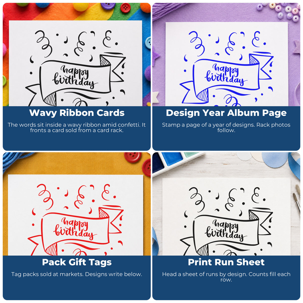 Four ways to use the Happy Birthday Ribbon Banner Rubber Stamp – Duo Hand: wavy ribbon cards, design year album page, pack gift tags and print run sheet.