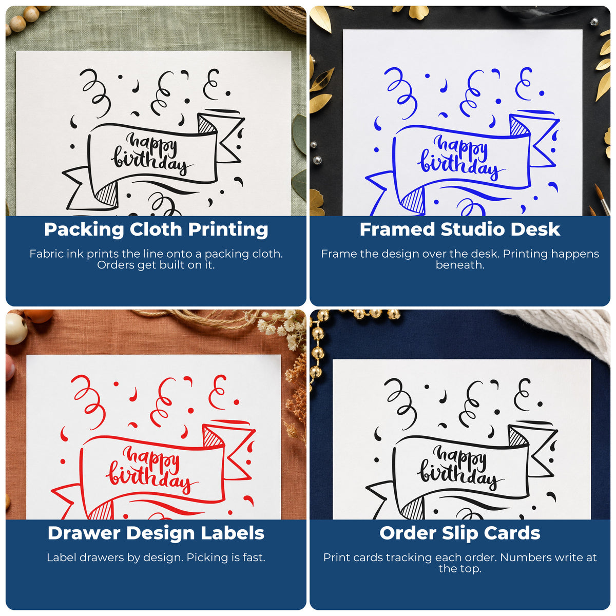 Four ways to use the Happy Birthday Ribbon Banner Rubber Stamp – Duo Hand: packing cloth printing, framed studio desk, drawer design labels and order slip cards.
