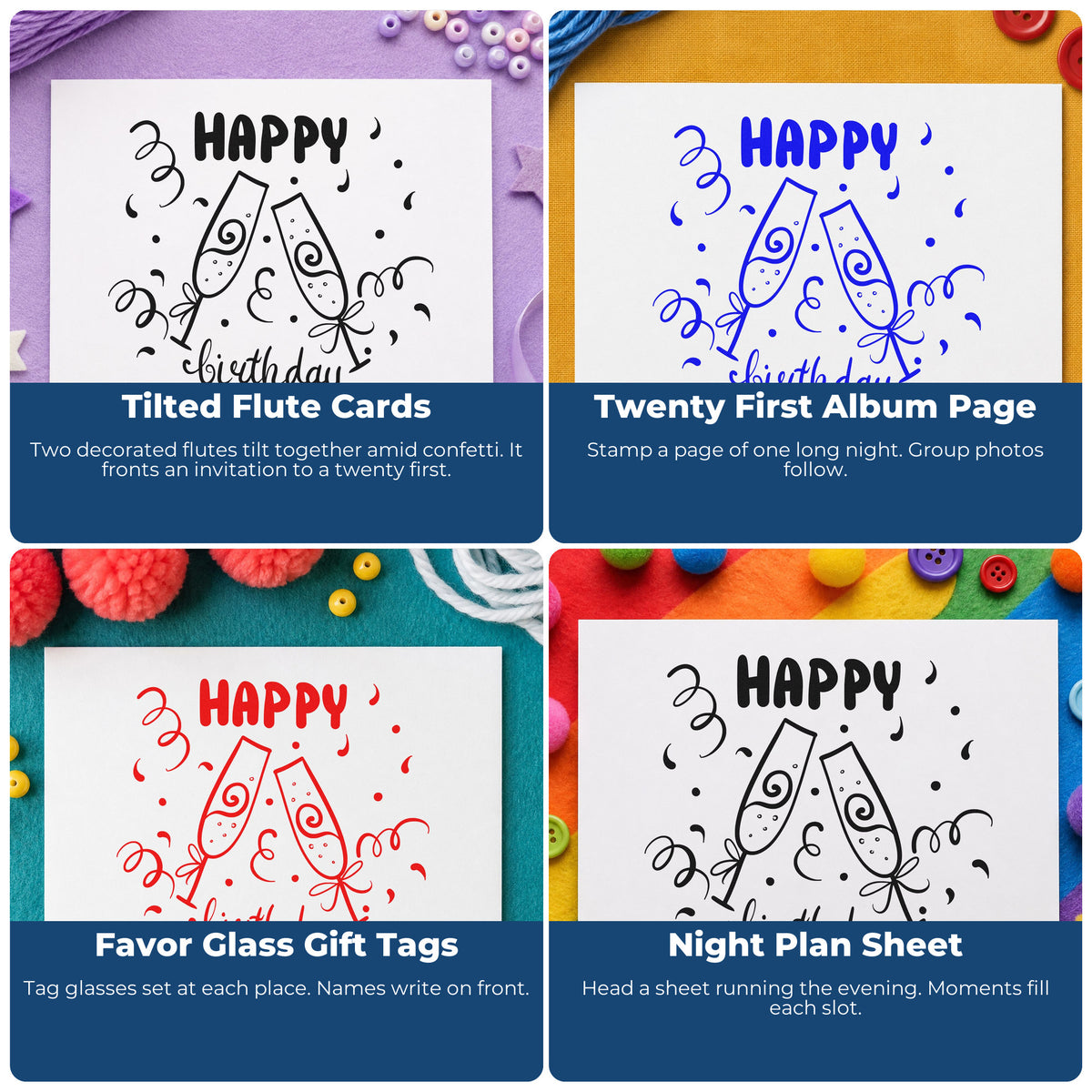 Four ways to use the Wood Handle Birthday Toast Champagne Flutes Confetti Rubber Stamp: tilted flute cards, twenty first album page, favor glass gift tags and night plan sheet.