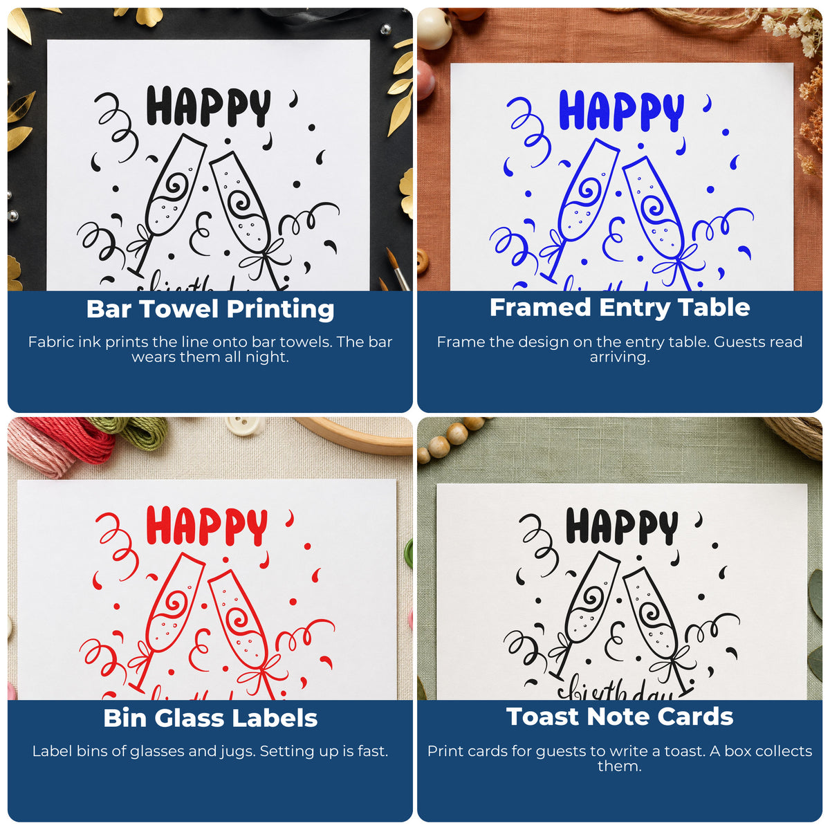 Four ways to use the Wood Handle Birthday Toast Champagne Flutes Confetti Rubber Stamp: bar towel printing, framed entry table, bin glass labels and toast note cards.
