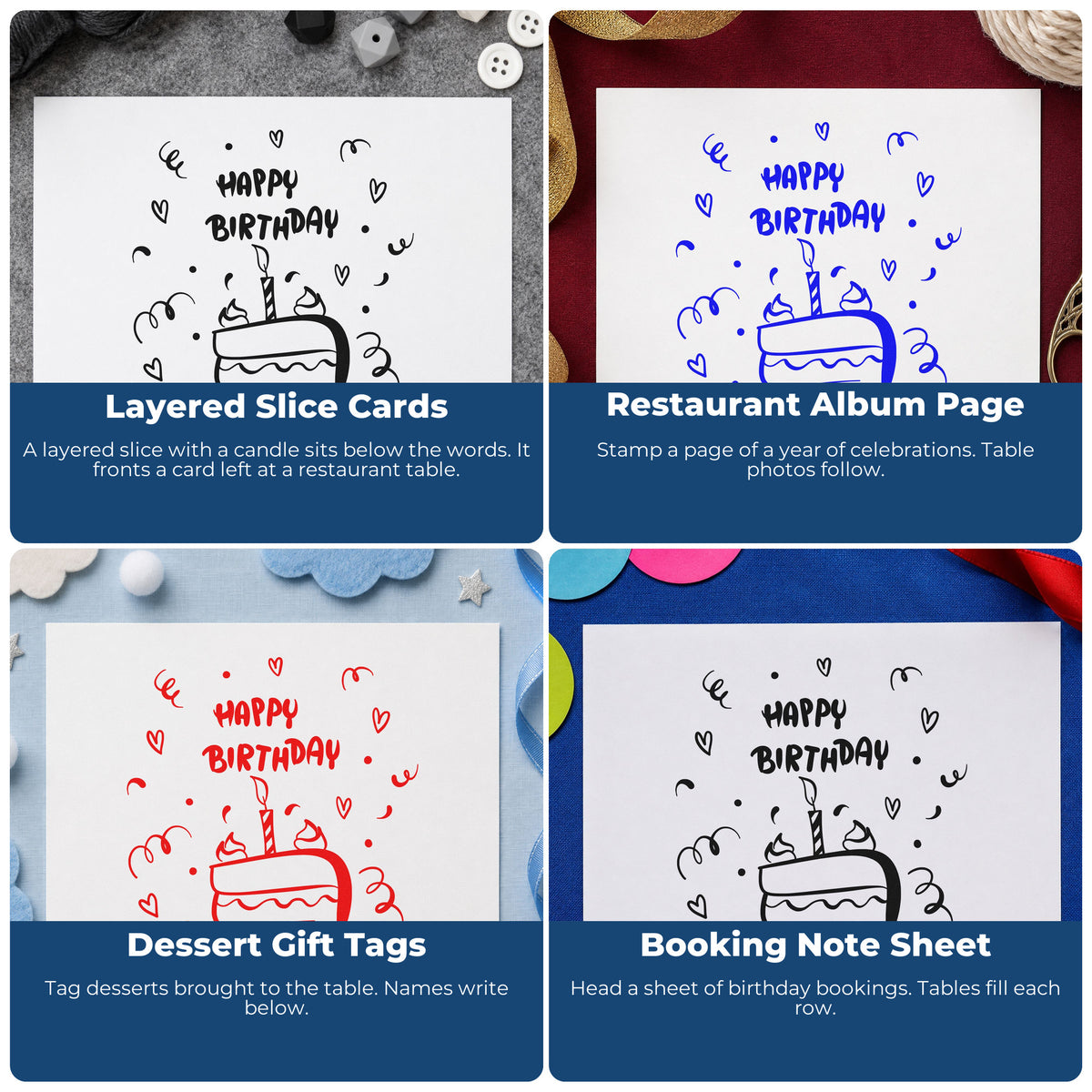 Four ways to use the Birthday Candle Cake Slice Self-Inking Stamp: layered slice cards, restaurant album page, dessert gift tags and booking note sheet.