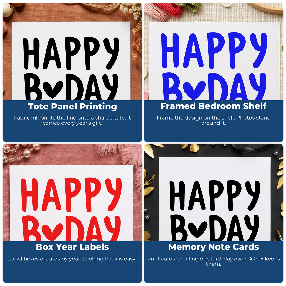 Four ways to use the Happy Birthday Heart Letter Rubber Stamp – Duo Hand: tote panel printing, framed bedroom shelf, box year labels and memory note cards.