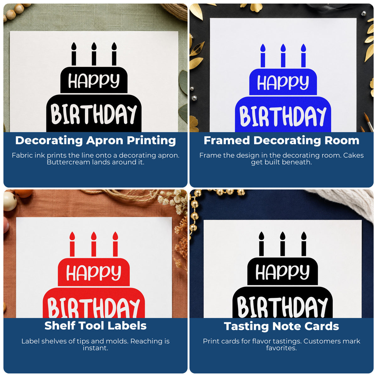 Four ways to use the Happy Birthday Candle Cake Lettering Pre-Inked Stamp – Slim: decorating apron printing, framed decorating room, shelf tool labels and tasting note cards.