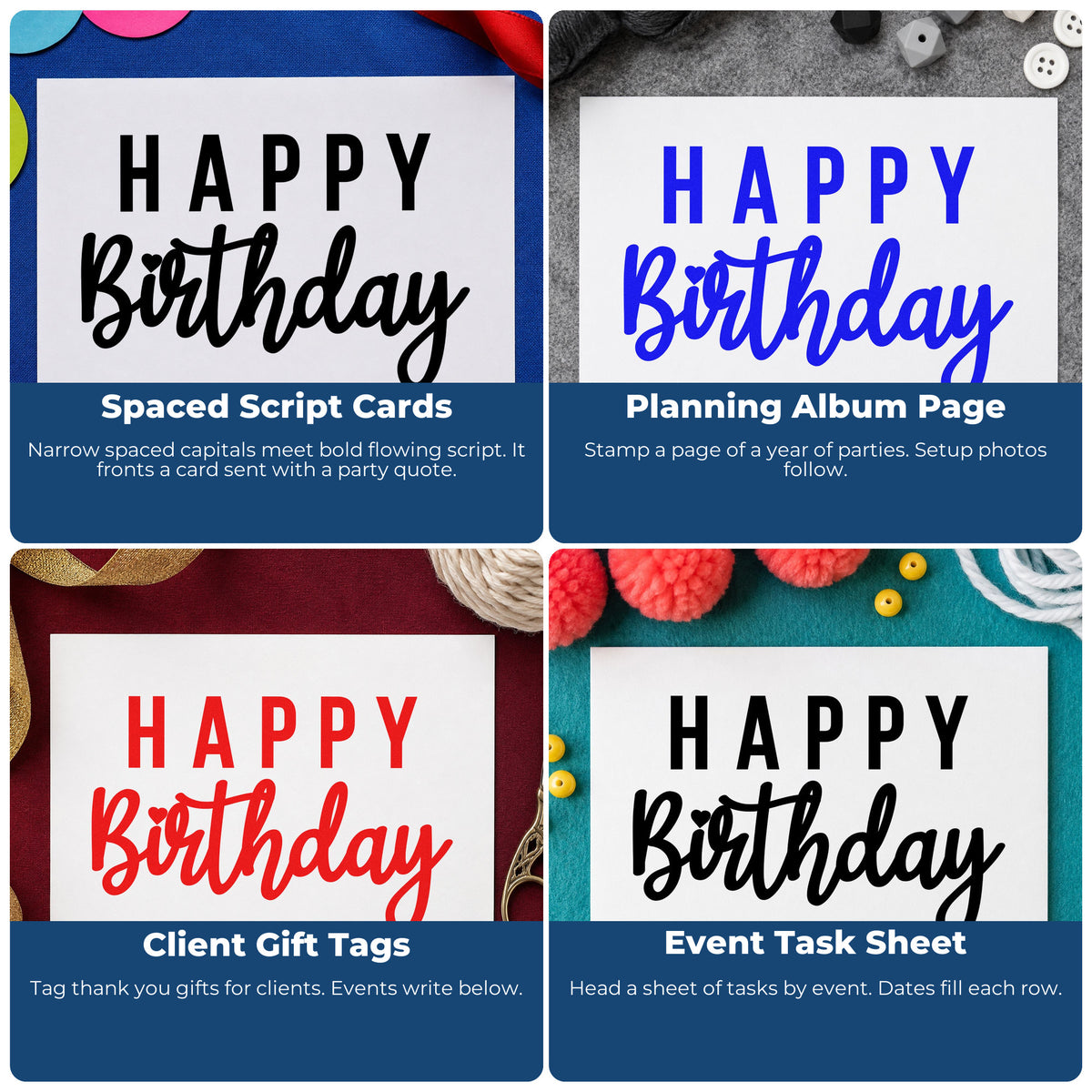 Four ways to use the Self-Inking Happy Birthday Mixed Lettering Stamp: spaced script cards, planning album page, client gift tags and event task sheet.
