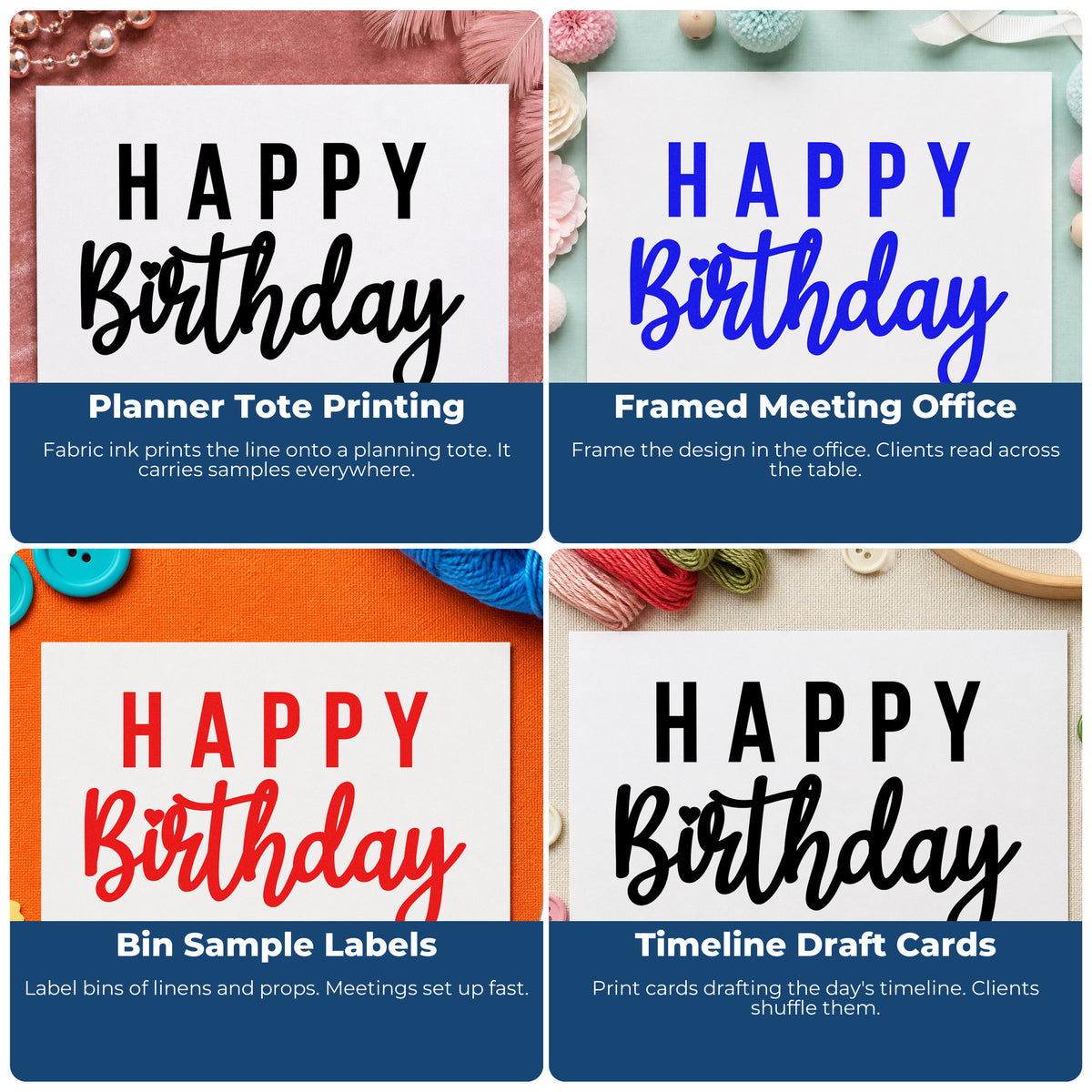 Four ways to use the Happy Birthday Mixed Lettering Stamp – Duo Hand: planner tote printing, framed meeting office, bin sample labels and timeline draft cards.