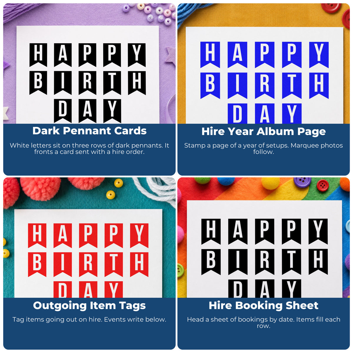 Four ways to use the Happy Birthday Pennant Letters Premium Wood-Mounted Stamp - Vintage Pro: dark pennant cards, hire year album page, outgoing item tags and hire booking sheet.