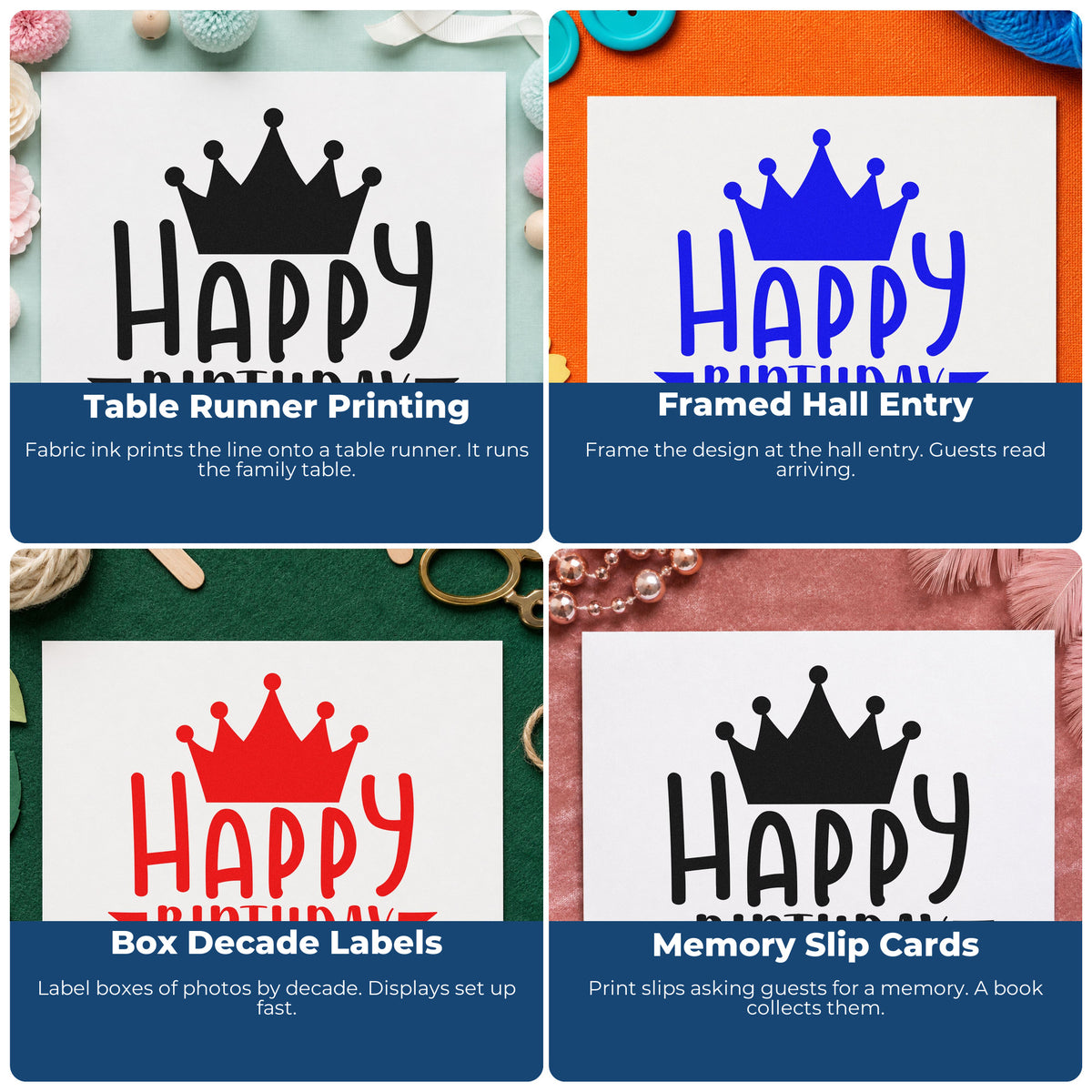 Four ways to use the Happy Birthday Crown Banner Self-Inking Stamp: table runner printing, framed hall entry, box decade labels and memory slip cards.