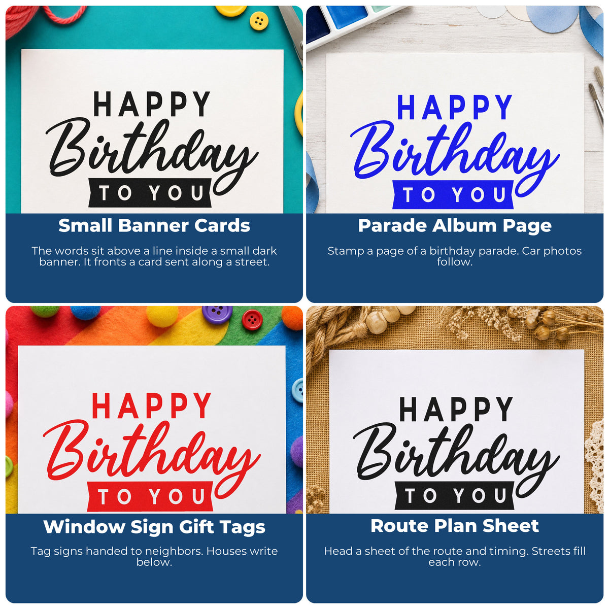 Four ways to use the Happy Birthday To You Pre-Inked Stamp – PSI: small banner cards, parade album page, window sign gift tags and route plan sheet.