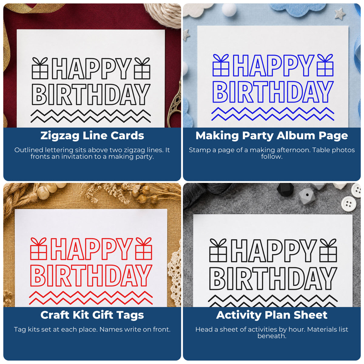 Four ways to use the Vintage Pro Happy Birthday Gifts And Zigzags Premium Wooden Stamp: zigzag line cards, making party album page, craft kit gift tags and activity plan sheet.
