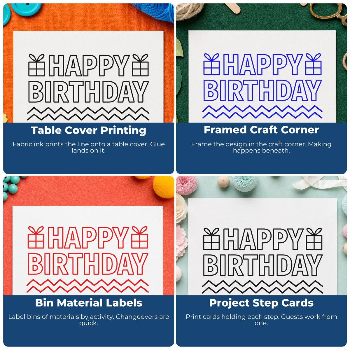 Four ways to use the Vintage Pro Happy Birthday Gifts And Zigzags Premium Wooden Stamp: table cover printing, framed craft corner, bin material labels and project step cards.