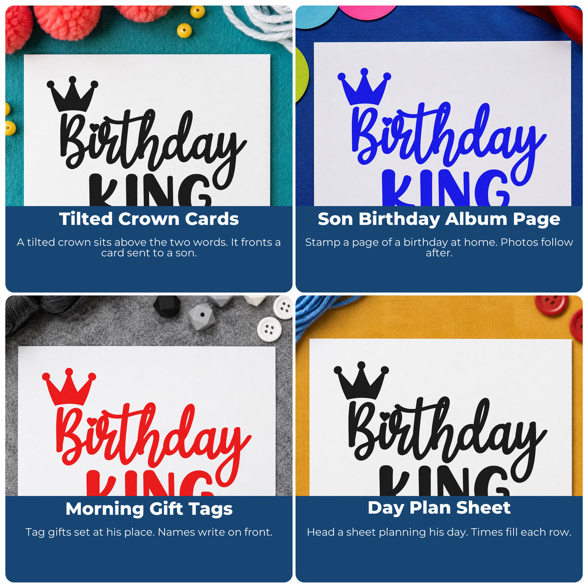 Four ways to use the Tilted Crown Birthday King Wood Handle Stamp: tilted crown cards, son birthday album page, morning gift tags and day plan sheet.
