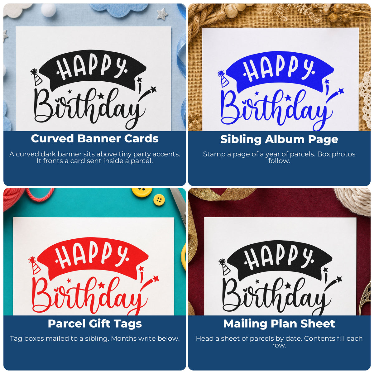 Four ways to use the Happy Birthday Curved Banner Stamp - Premium Vintage Pro Wooden: curved banner cards, sibling album page, parcel gift tags and mailing plan sheet.