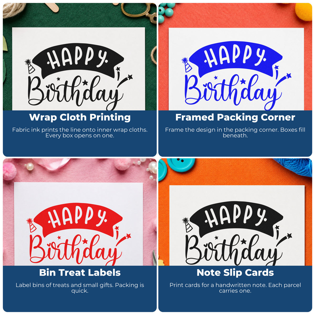 Four ways to use the Happy Birthday Curved Banner Pre-Inked Stamp – Slim: wrap cloth printing, framed packing corner, bin treat labels and note slip cards.