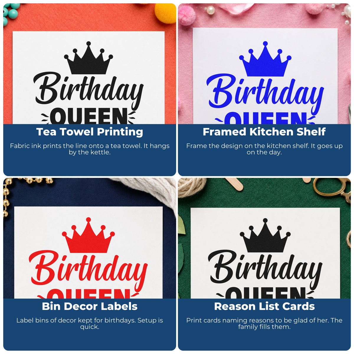 Four ways to use the Birthday Queen Crown Rays Premium Wooden Stamp - Vintage Pro: tea towel printing, framed kitchen shelf, bin decor labels and reason list cards.