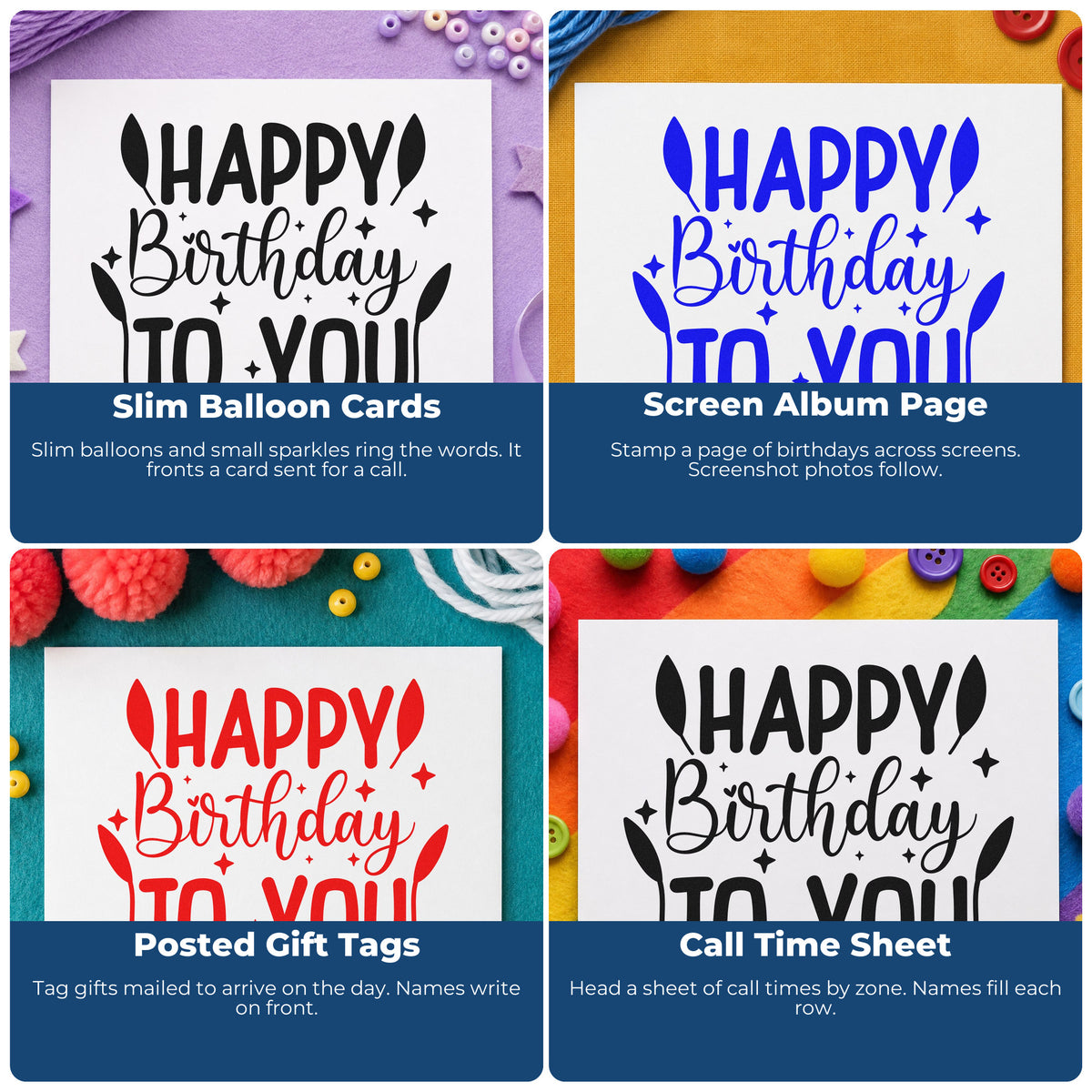 Four ways to use the Happy Birthday To You Balloons Stamp - Premium Vintage Pro Wooden: slim balloon cards, screen album page, posted gift tags and call time sheet.
