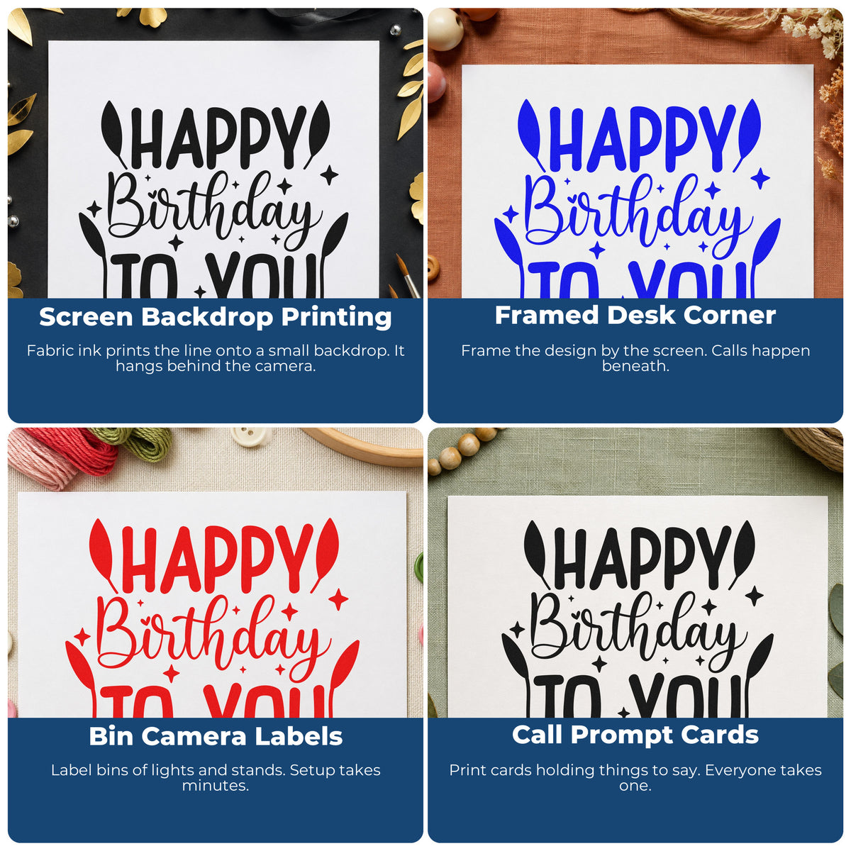 Four ways to use the Happy Birthday To You Balloons Stamp - Premium Vintage Pro Wooden: screen backdrop printing, framed desk corner, bin camera labels and call prompt cards.