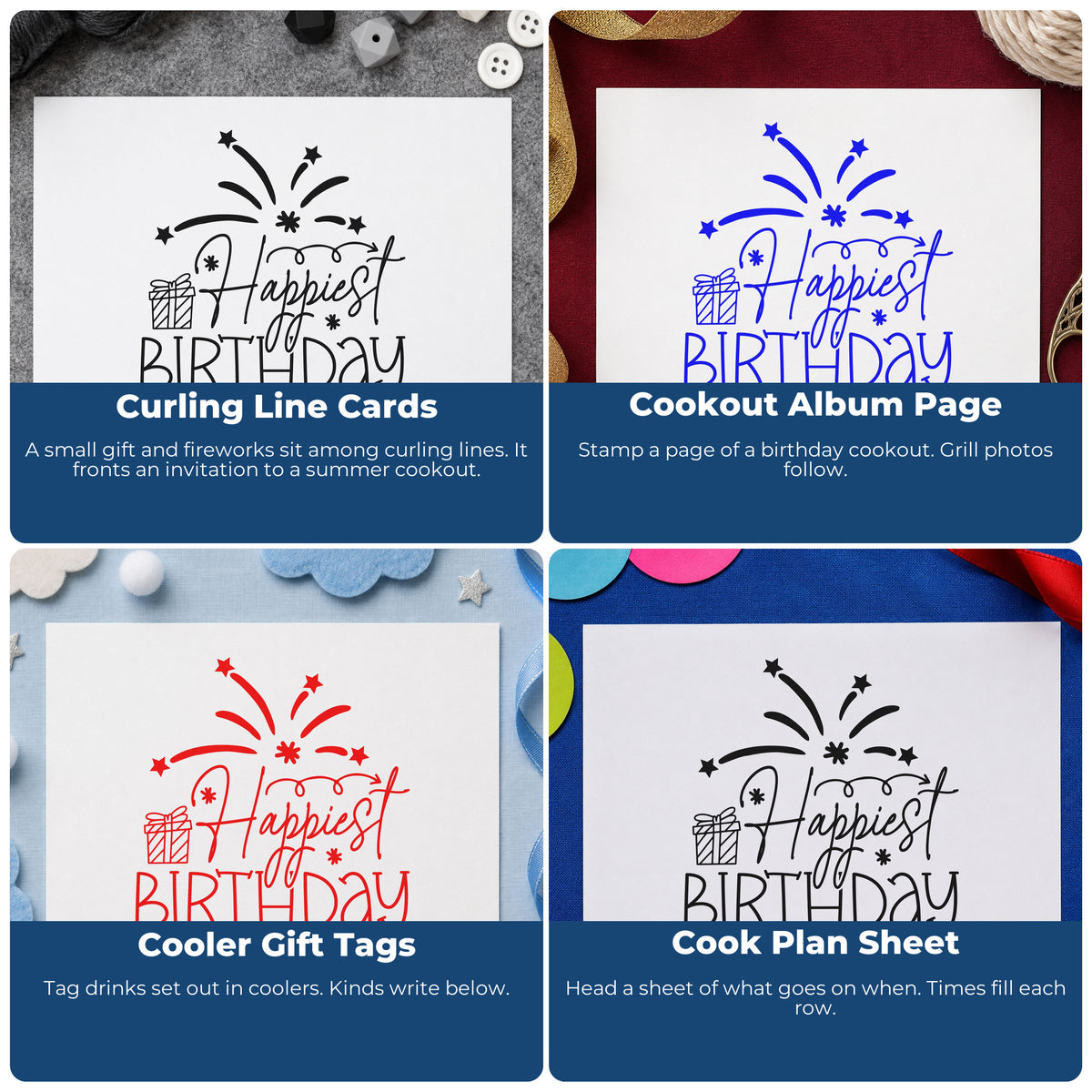 Four ways to use the Vintage Pro Birthday Gift And Firework Wishes Premium Wooden Stamp: curling line cards, cookout album page, cooler gift tags and cook plan sheet.