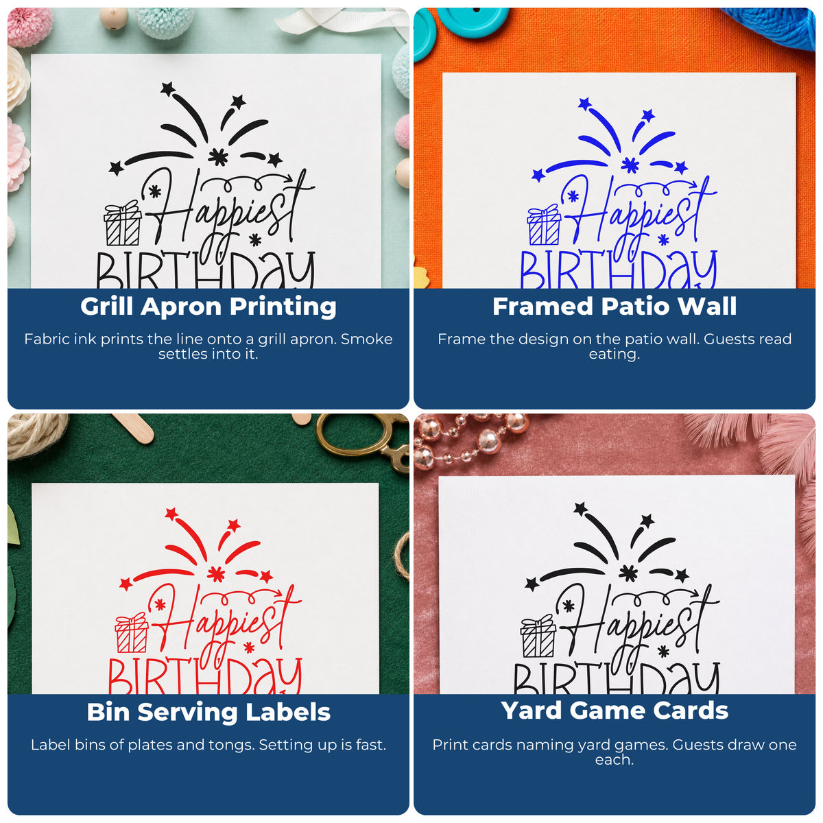 Four ways to use the Birthday Gift And Firework Wishes Slim Pre-Inked Stamp: grill apron printing, framed patio wall, bin serving labels and yard game cards.
