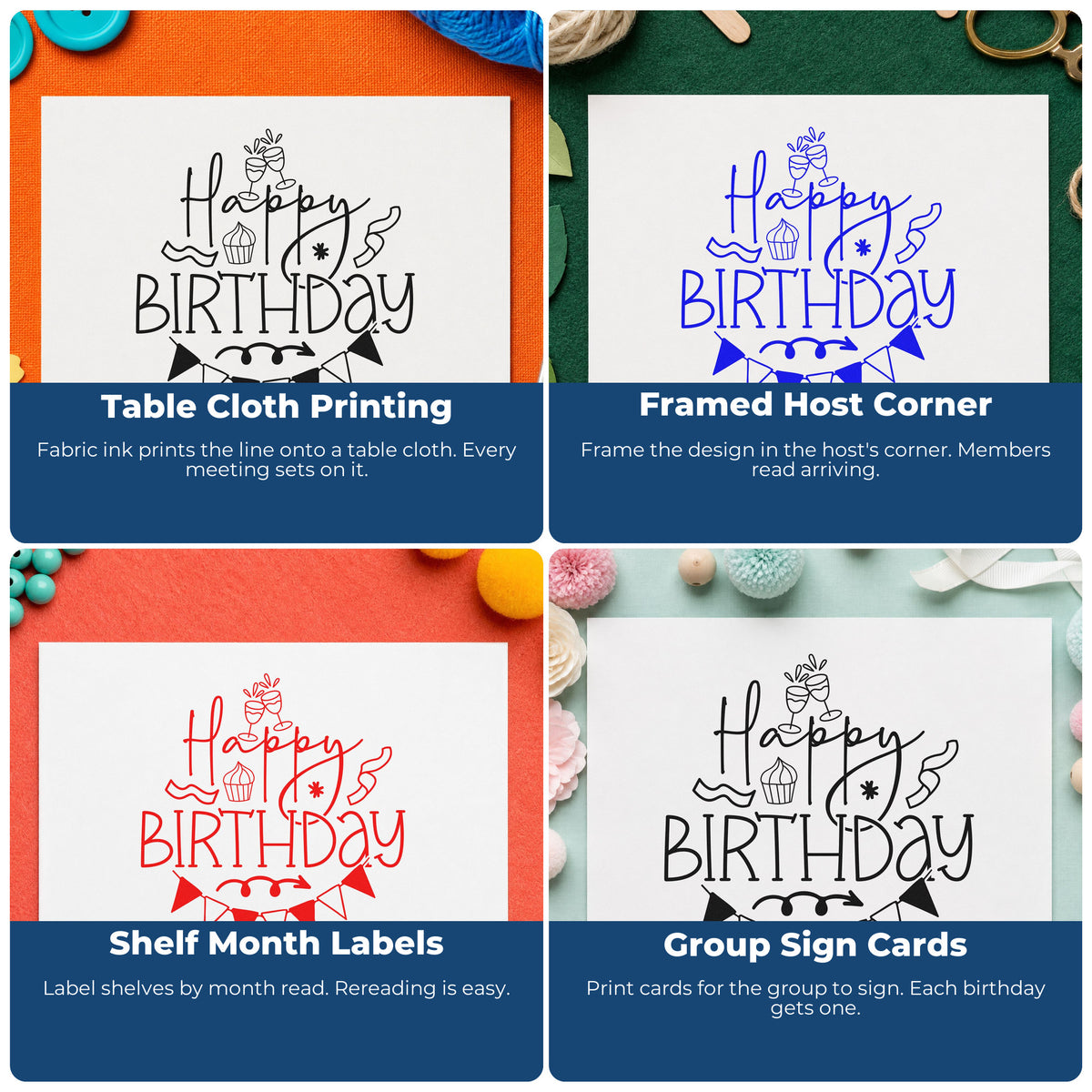 Four ways to use the Happy Birthday Toasting Glasses Bunting Duo Hand Stamp: table cloth printing, framed host corner, shelf month labels and group sign cards.