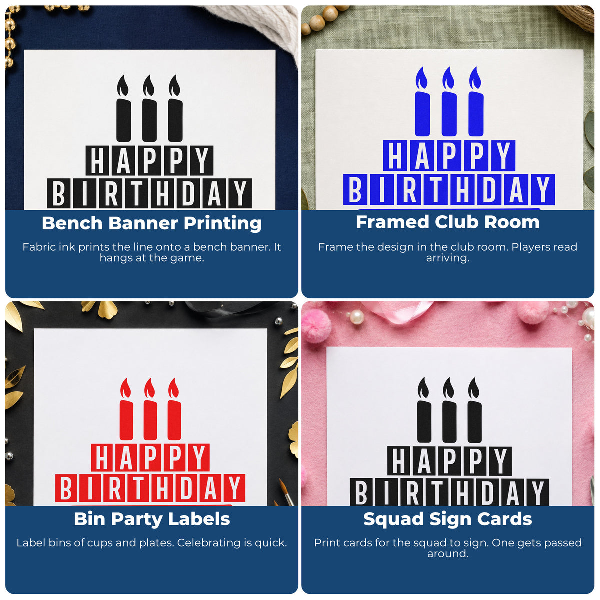 Four ways to use the Three Candles Happy Birthday Block Art Wood Handle Stamp: bench banner printing, framed club room, bin party labels and squad sign cards.
