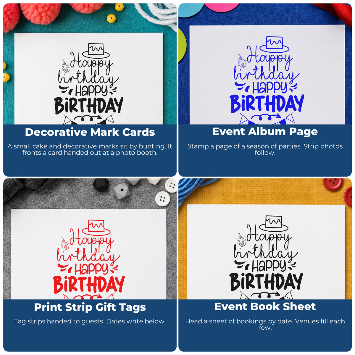 Four ways to use the Premium Wooden Repeated Birthday Cake Bunting Stamp - Vintage Pro: decorative mark cards, event album page, print strip gift tags and event book sheet.