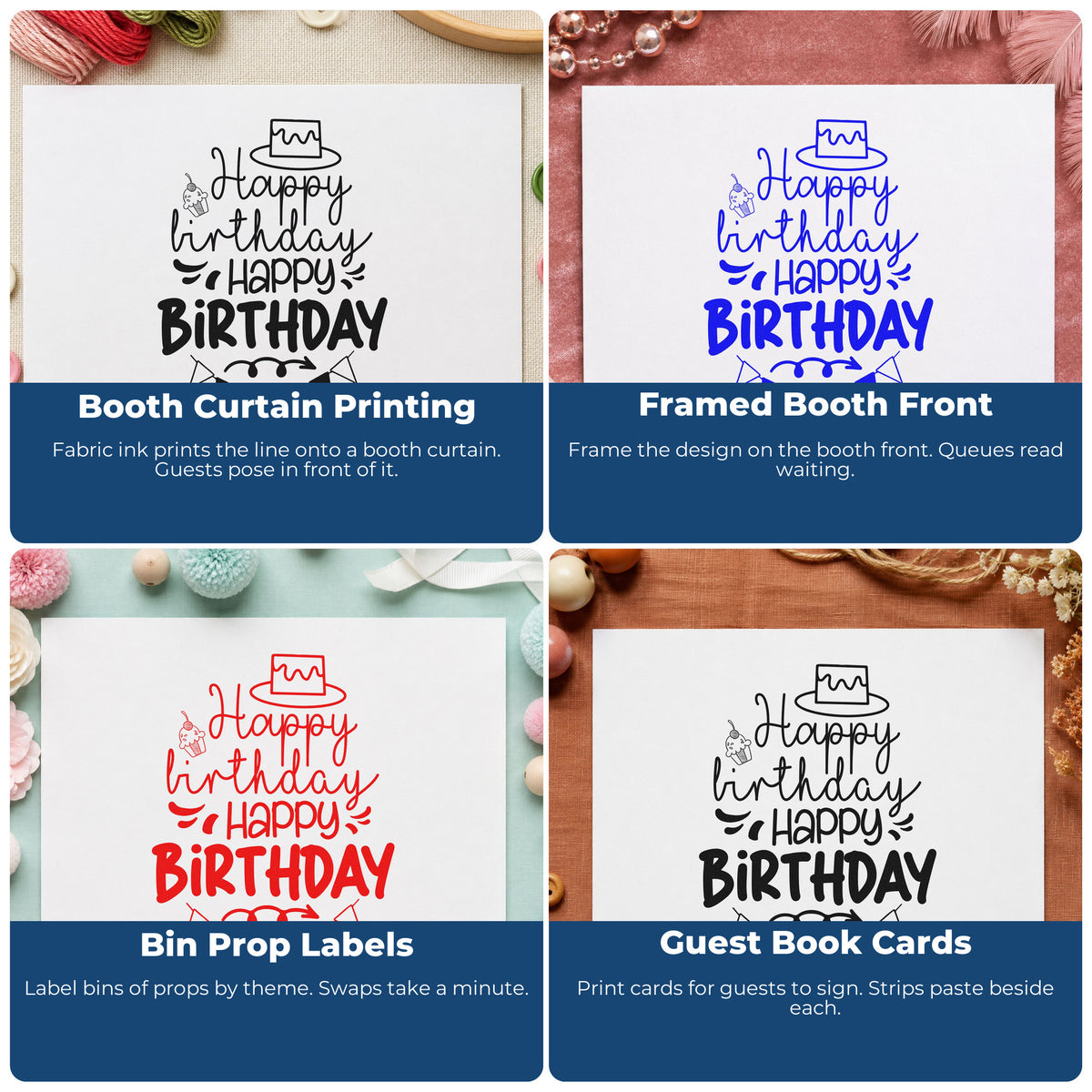 Four ways to use the Premium Wooden Repeated Birthday Cake Bunting Stamp - Vintage Pro: booth curtain printing, framed booth front, bin prop labels and guest book cards.