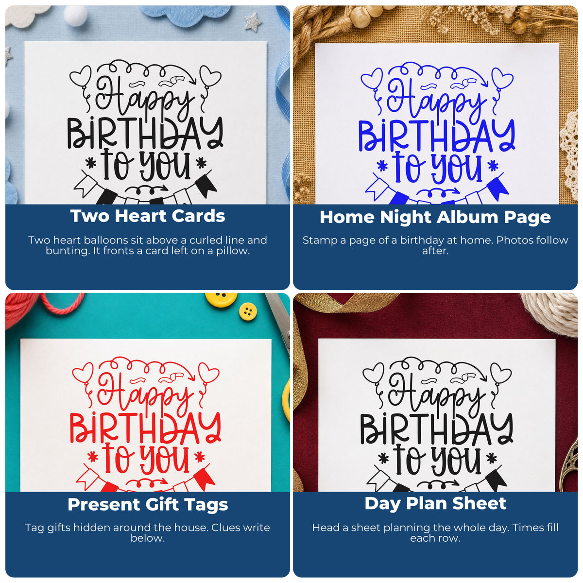 Four ways to use the Happy Birthday Heart Balloons Stamp – Duo Hand: two heart cards, home night album page, present gift tags and day plan sheet.