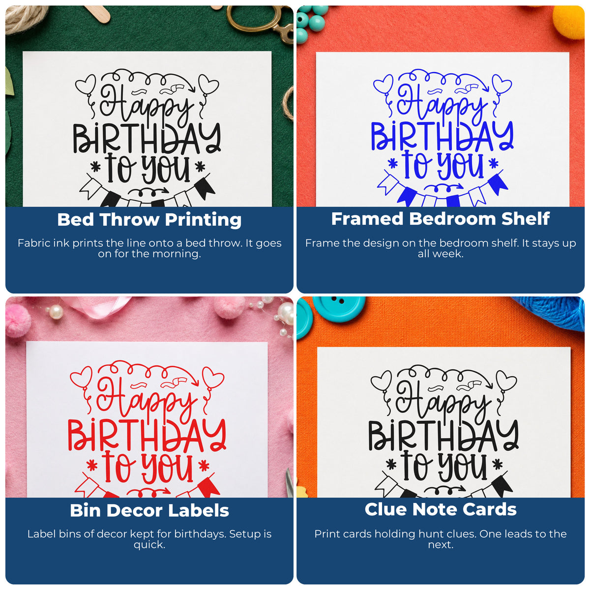 Four ways to use the Self-Inking Happy Birthday Heart Balloons Stamp: bed throw printing, framed bedroom shelf, bin decor labels and clue note cards.