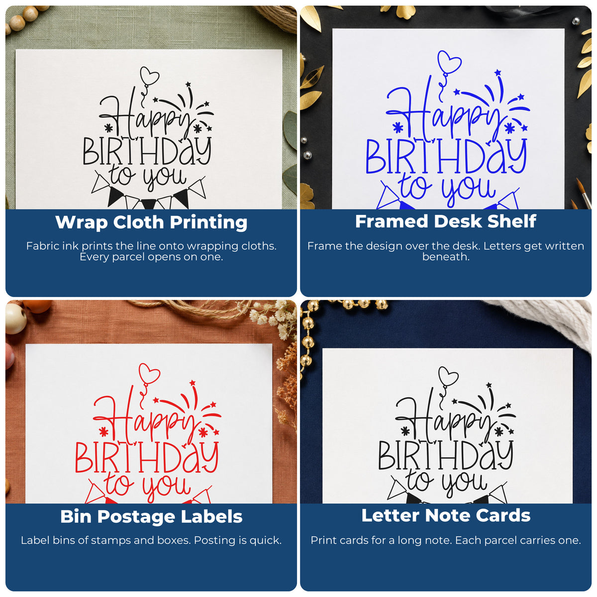 Four ways to use the Wood Handle Birthday To You Fireworks Balloons Rubber Stamp: wrap cloth printing, framed desk shelf, bin postage labels and letter note cards.