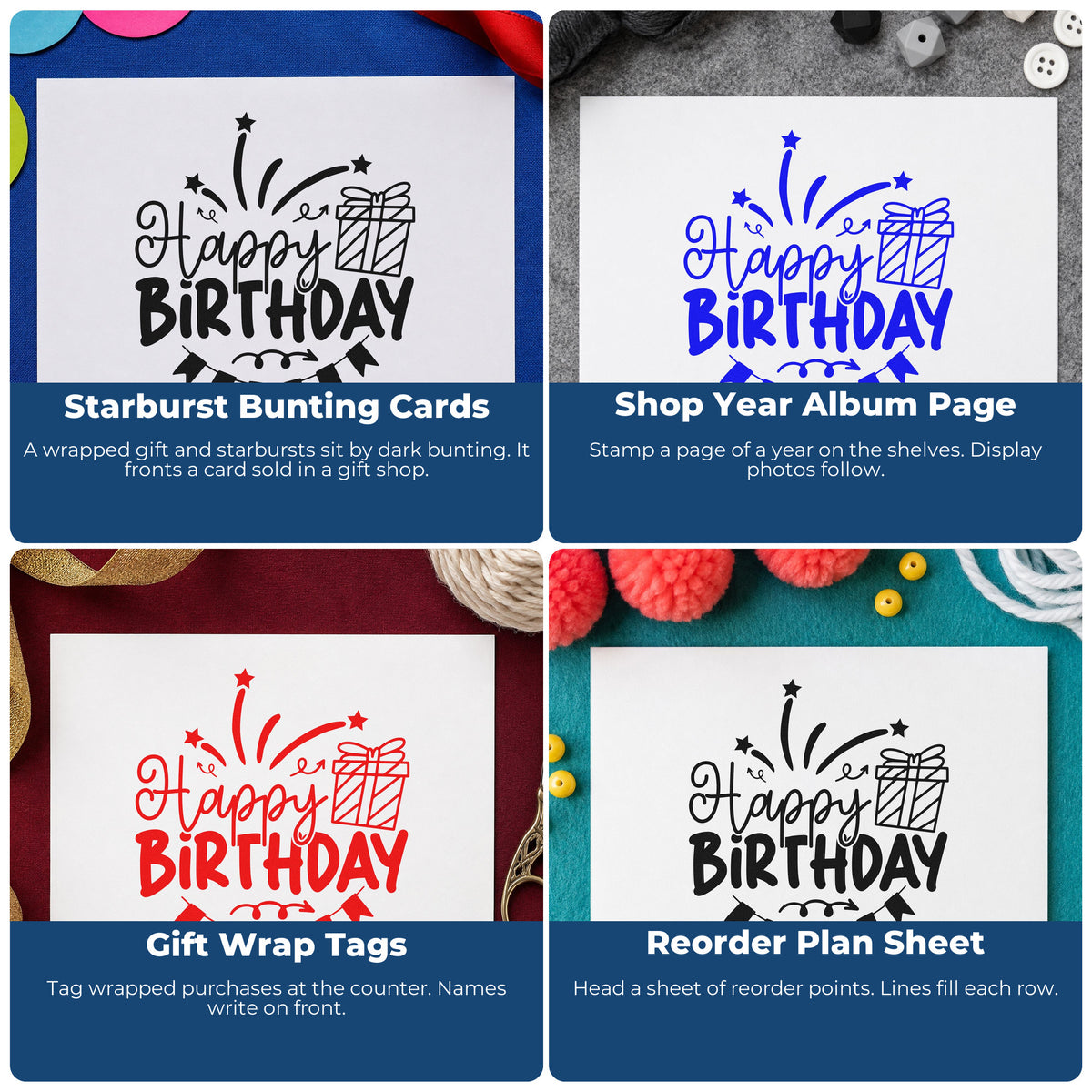 Four ways to use the Happy Birthday Gift Bunting Wood Handle Stamp: starburst bunting cards, shop year album page, gift wrap tags and reorder plan sheet.