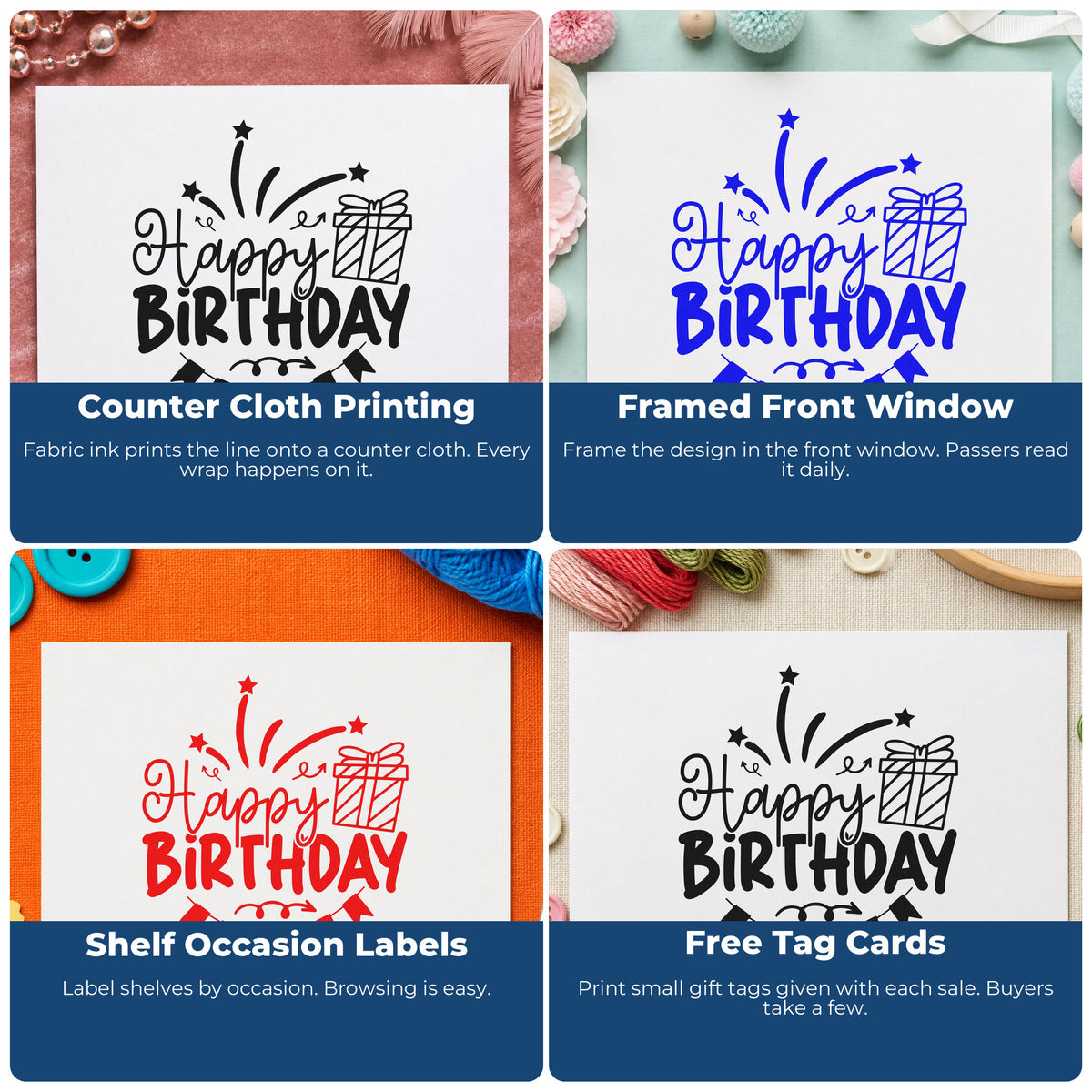 Four ways to use the Happy Birthday Gift Bunting Wood Handle Stamp: counter cloth printing, framed front window, shelf occasion labels and free tag cards.