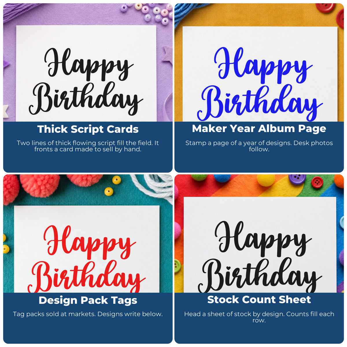 Four ways to use the Happy Birthday Bold Script Premium Wooden Stamp - Vintage Pro: thick script cards, maker year album page, design pack tags and stock count sheet.