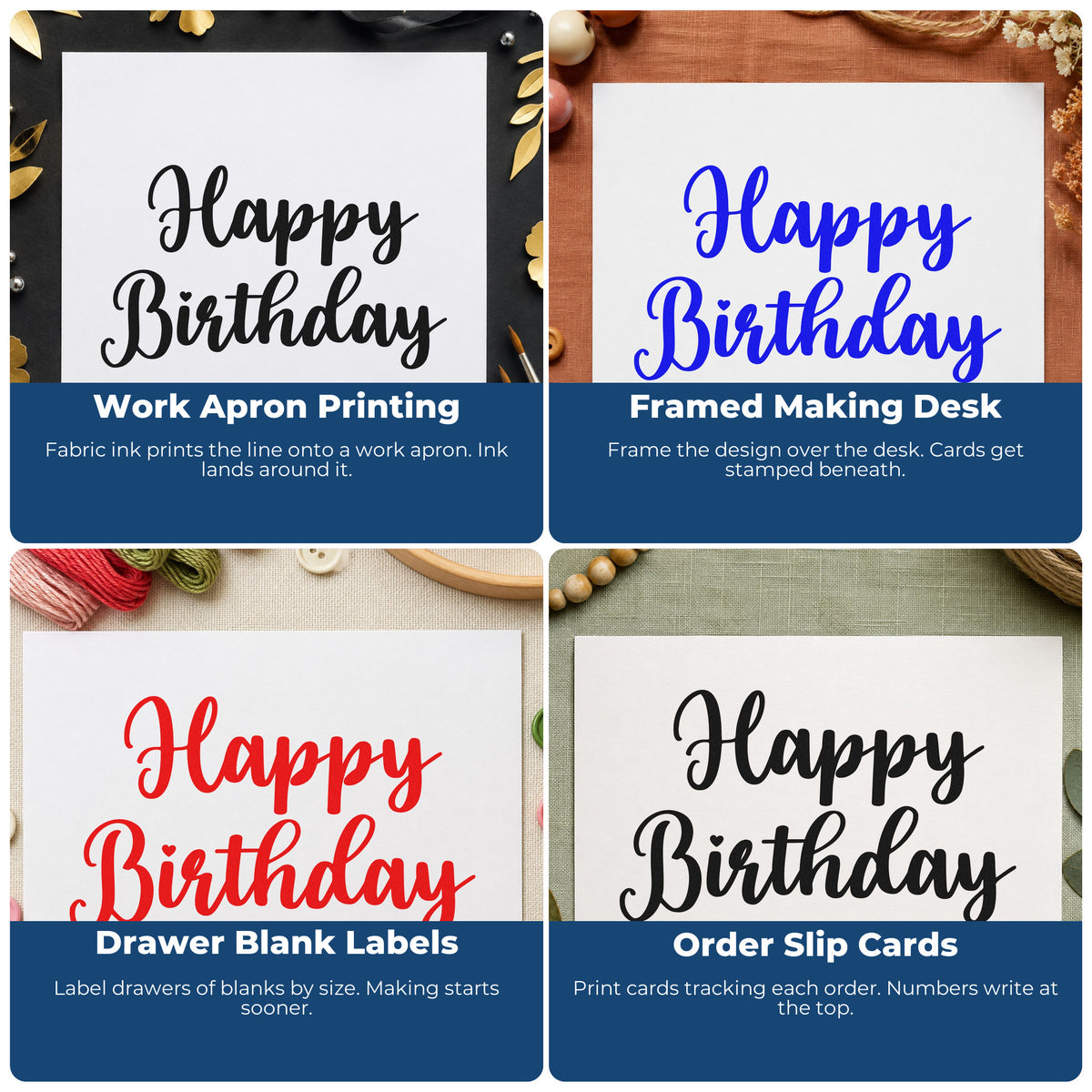 Four ways to use the Happy Birthday Bold Script Premium Wooden Stamp - Vintage Pro: work apron printing, framed making desk, drawer blank labels and order slip cards.