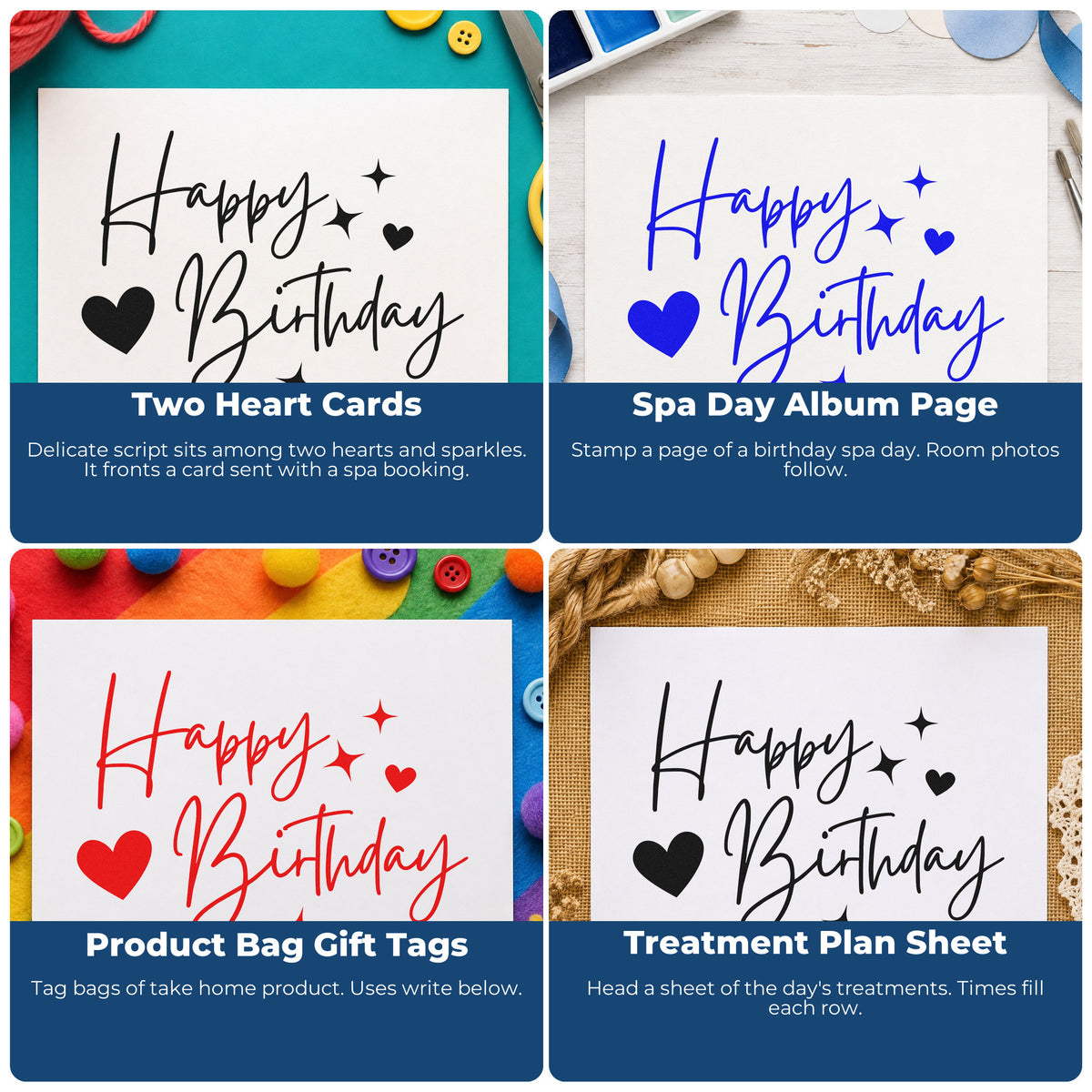 Four ways to use the Birthday Hearts And Sparkles Rubber Stamp – Duo Hand: two heart cards, spa day album page, product bag gift tags and treatment plan sheet.