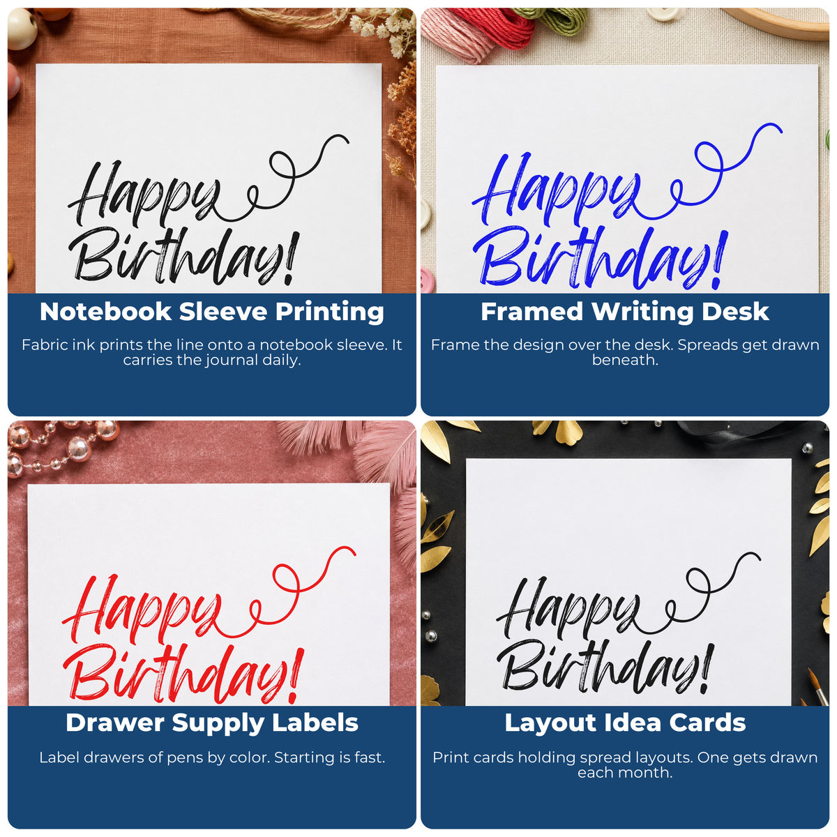 Four ways to use the Premium Wooden Happy Birthday Curl Flourished Lettering Stamp - Vintage Pro: notebook sleeve printing, framed writing desk, drawer supply labels and layout idea cards.