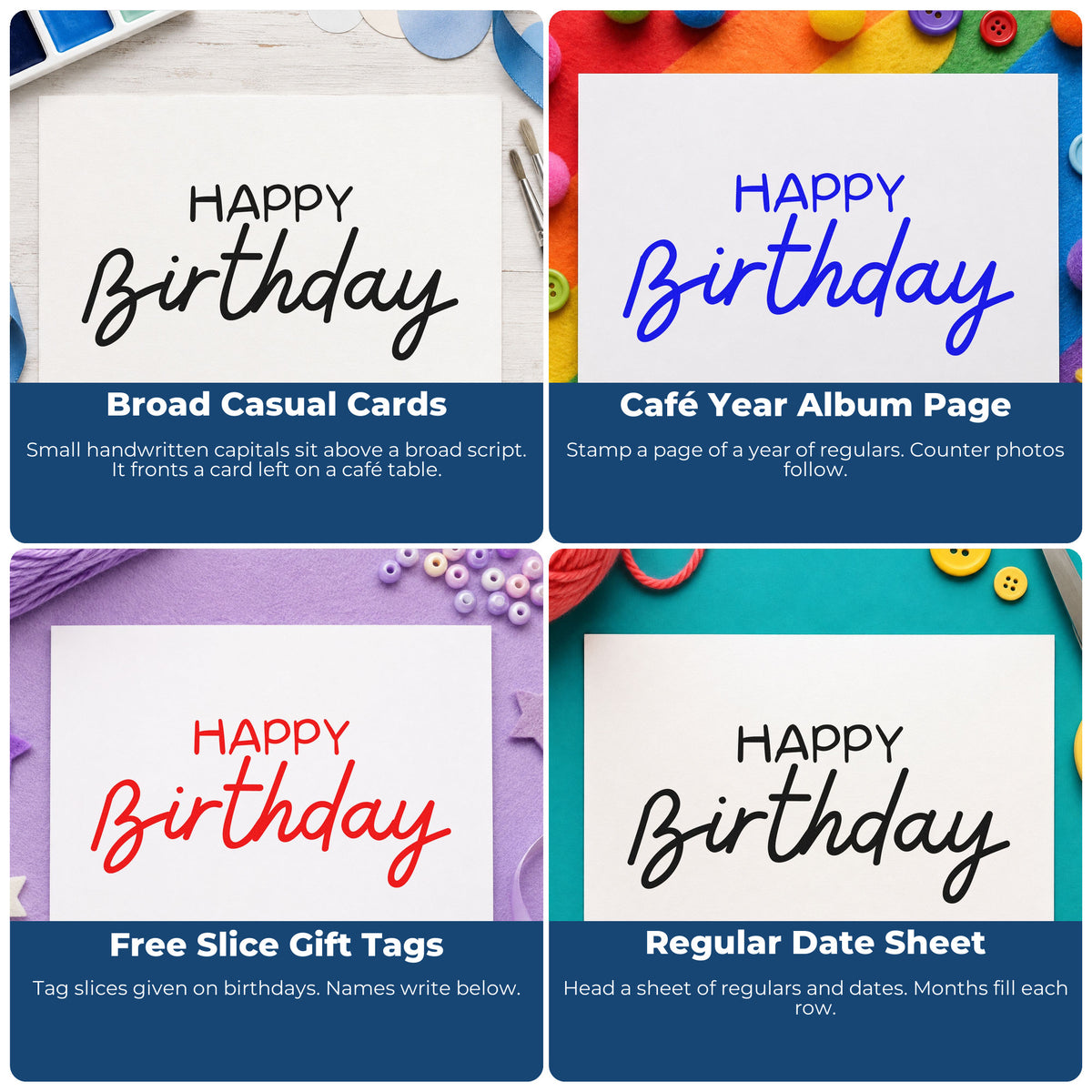 Four ways to use the Happy Birthday Casual Script Lettering Stamp - Premium Vintage Pro Wooden: broad casual cards, café year album page, free slice gift tags and regular date sheet.