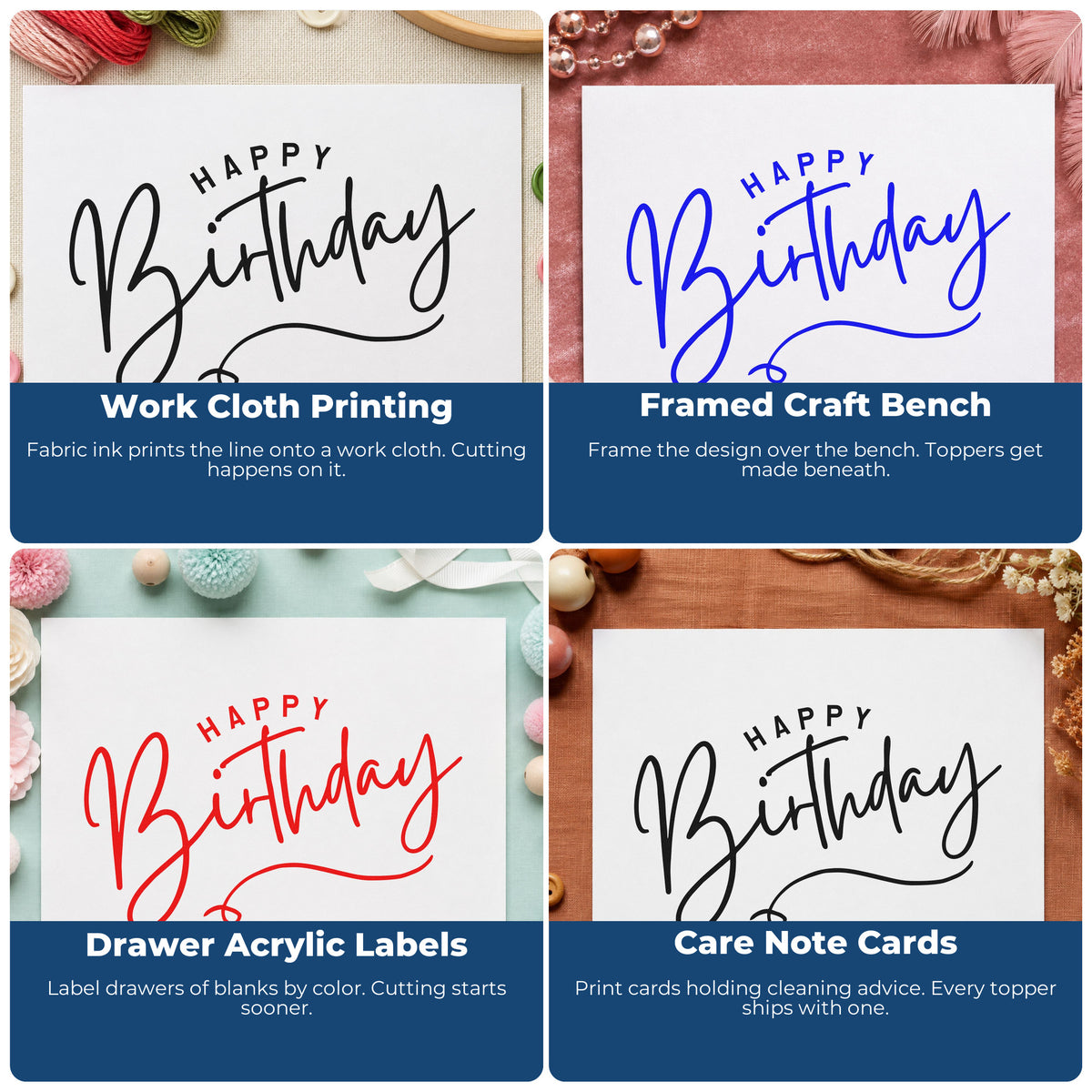 Four ways to use the Happy Birthday Loop Underline Stamp – Duo Hand: work cloth printing, framed craft bench, drawer acrylic labels and care note cards.