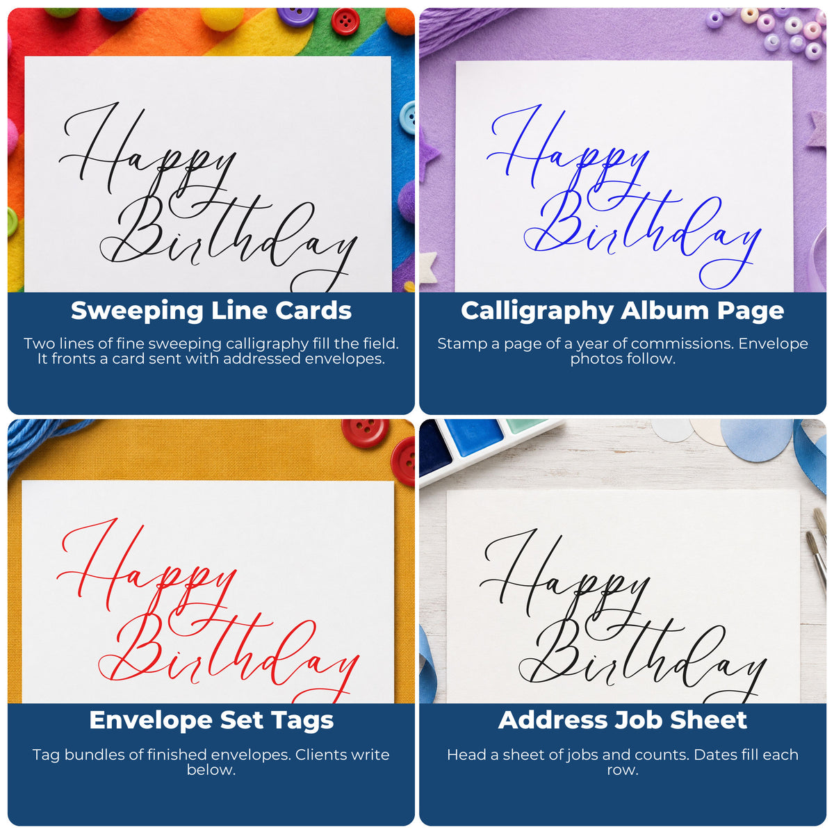 Four ways to use the Fine Calligraphy Birthday Greeting Premium Wooden Stamp - Vintage Pro: sweeping line cards, calligraphy album page, envelope set tags and address job sheet.